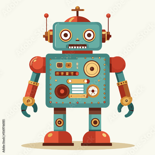 Cheerful Teal and Red Retro Robot Standing on Cream Background Vector Illustration