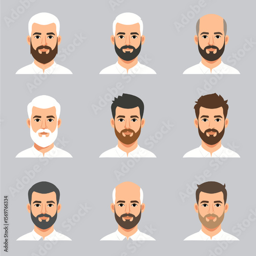 Collection of Men Portraits with Various Hairstyles and Beards on Gray Background