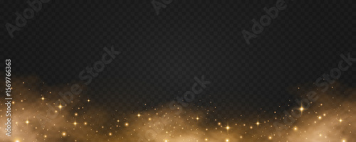 Abstract magic golden dust with glowing magical particles and fog on transparent background. Light effect of universe stardust. Festive glitter lights for holiday or fantasy design. Vector.