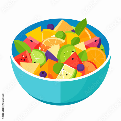Colorful Fruit Salad in Blue Bowl with Fresh Orange Kiwi and Watermelon Simple Flat Graphic