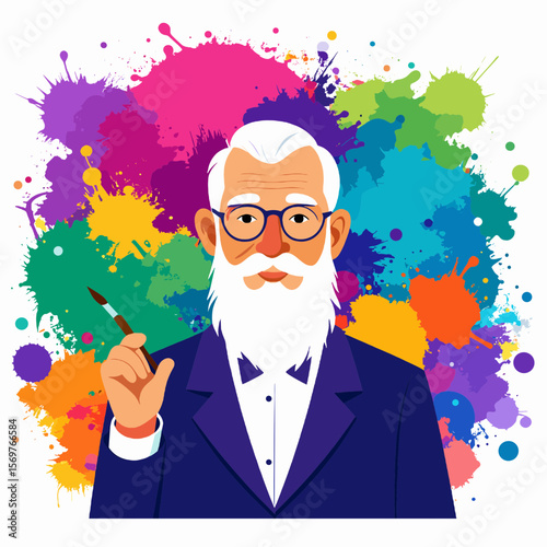 Colorful Illustration of a Bearded Man Wearing a Dark Blue Suit with a White Shirt and Bowtie with Watercolor Splatters Background