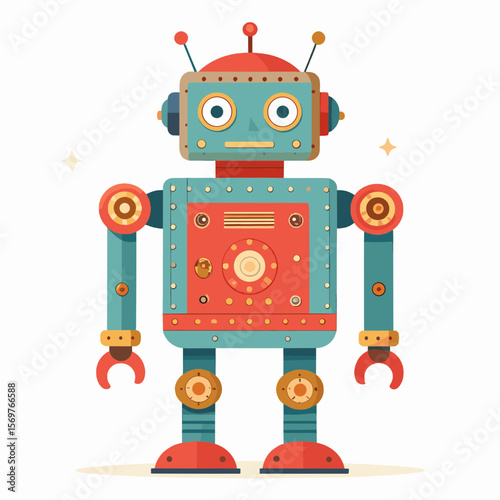 Colorful Mechanical Robot Illustration with Red and Teal Accents on White Background Depicting Retro Future Technology