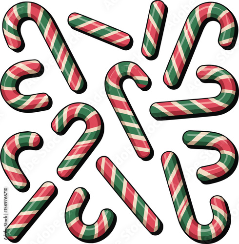Festive red and white striped candy canes with green and blue accents perfect for holiday decorations and seasonal designs