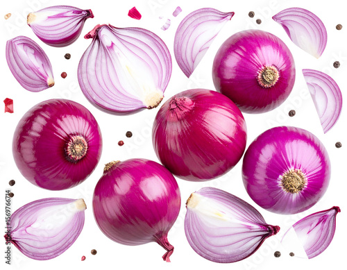 “Top View of Clustered Red Onions with Loose Peels, isolated on a transparent background”