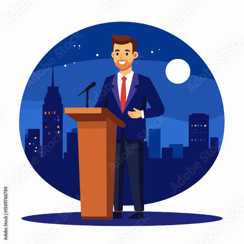 Confident Man Delivers Speech at Podium with Night City Skyline Stars and Full Moon in a Circular Frame