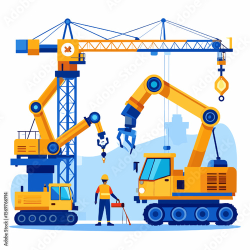 Construction Site Featuring Cranes and Excavators with a Worker in a Flat Vector Illustration with Blue and Yellow Colors in the City Silhouette
