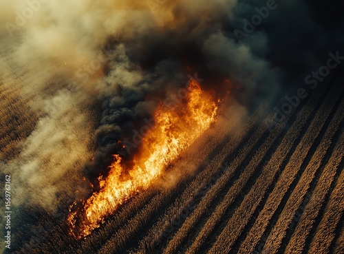 A large wildfire burns through a dry field, producing dense black smoke and bright orange flames amid rows of crops or soil.