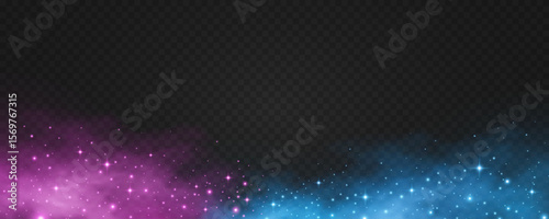 Abstract magical blue and purple dust with glowing particles and fog on transparent background. Light effect of universe stardust. Festive glitter lights for holiday or fantasy design. Vector.