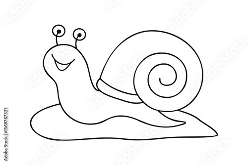 Cartoon snail with a smiling face spiral shell on a animal mollusk