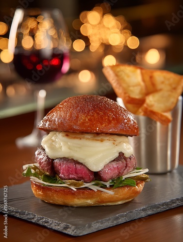 Gourmet Steak Burger with Melted Cheese and Wine in a Classy Setting