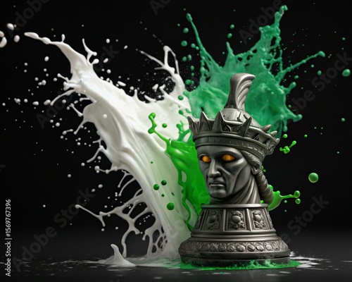 Chess King with Green and White Paint Splash: Dynamic Art and Strategic Symbolism