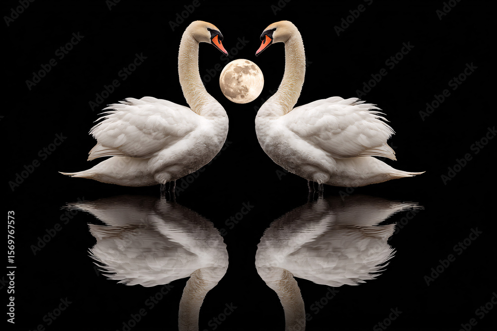 Fototapeta premium Couple of swans and reflection on the water, Love 
