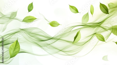 Green leaves float on flowing smoke