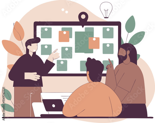 Flat Vector Illustration of Team Collaboration and Project Planning