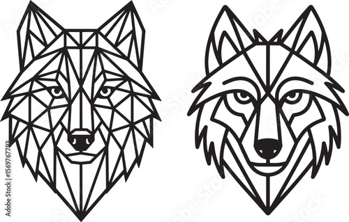 Geometric wolf heads black outlines animal abstract