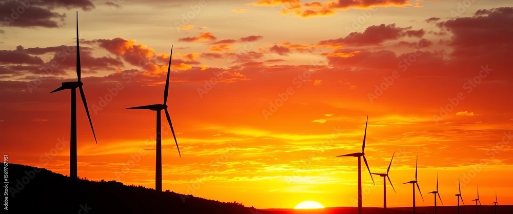 Obraz premium Silhouetted wind turbines against a fiery Spanish autumn sunset, Spanish countryside, wind turbine
