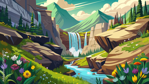 Yoho National Park, British Columbia – Thunderous waterfalls cascade past limestone cliffs surrounded by wildflowers, illustrating the vibrant energy of the Rockies.