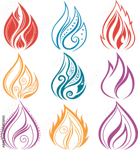 Set of Colorful Fire Flame Designs in Unique Style Vector | Transparent Background
