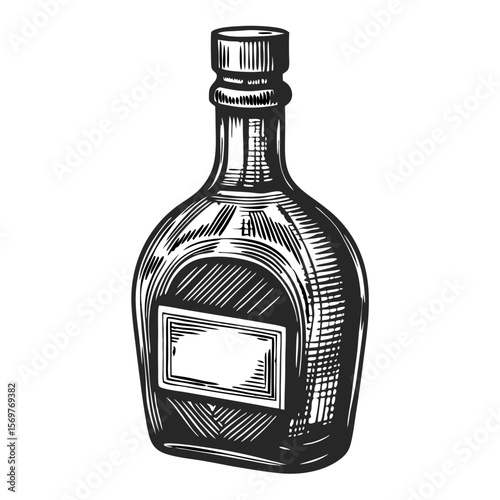 Engraved glass bottle with label shown with classic design, carefully hand-drawn. Glass bottle with label showcases vintage elegance and craftsmanship, ideal for packaging or product presentation.