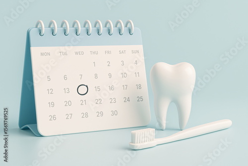 Dental Checkup Reminder Concept with Tooth, Calendar and Toothbrush on Blue Background
