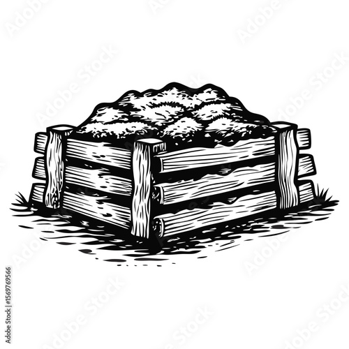 Hand-drawn engraving of compost pile made of wood, showing organic waste decomposition. Compost pile illustration shows natural process and transformation of biodegradable materials.