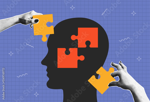 Halftone collage of hands that connect the pieces of jigsaw puzzle in human head or brain. Human head silhouette with puzzle and two halftone hands. Concept of idea, brainstorm. Vector.