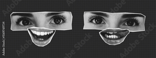 Halftone collage of girl face with different emotions. Set of female eyes and mouth combined into one face in collage style with halftone effect. Isolated on a dark background. Vector.