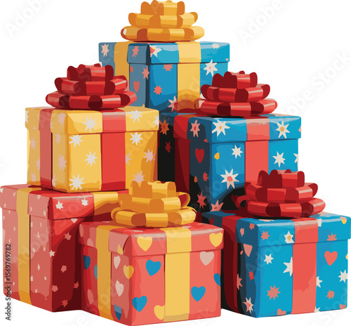 Festive collection of beautifully wrapped gift boxes in various colors and sizes perfect for holiday celebrations and special occasions