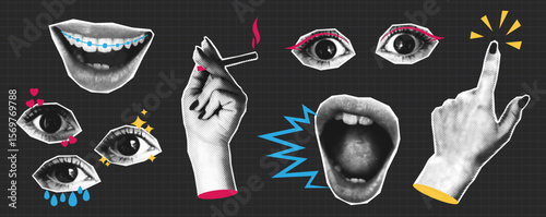 Halftone set of lips, mouth, eyes and hands with doodle elements. Eyes and lips with different emotion, hand gesture - smoking cigarette. Halftone collage cut out elements for banners. Vector.