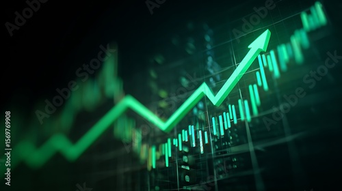 Green upward trending line graph with bars against a dark background showing growth and success