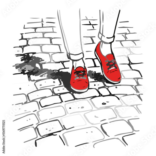 Red sneakers stepping on cobblestones with ink splash background  