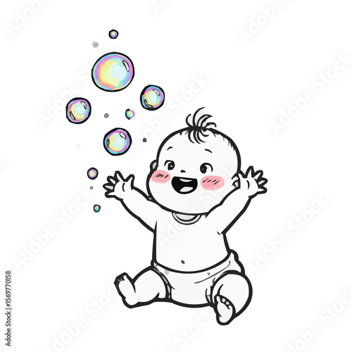 Baby smiling while playing with bubbles in cheerful illustration  