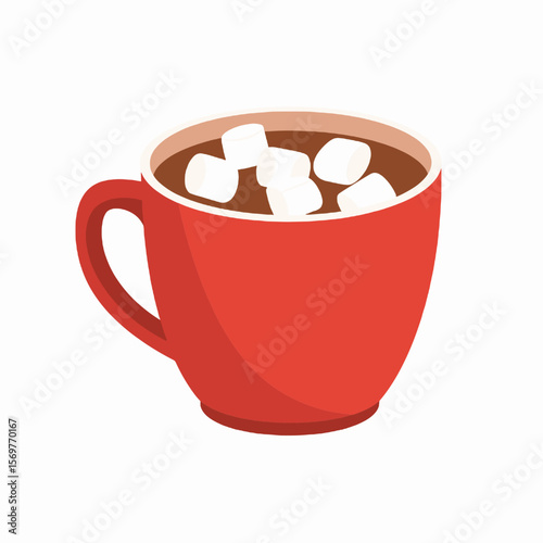 Red Mug Filled with Hot Chocolate and Marshmallows on White Background for Winter Holiday Season Graphic Design