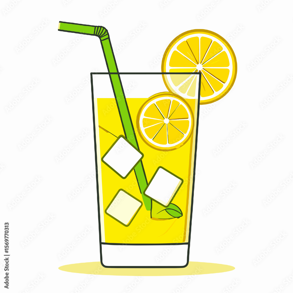 Refreshing Lemonade in a Glass with Ice Cubes Lemon Slice and Green Straw on White Background Refreshing Lemonade in a Glass with Ice Cubes Lemon Slice and Green Straw on White Background