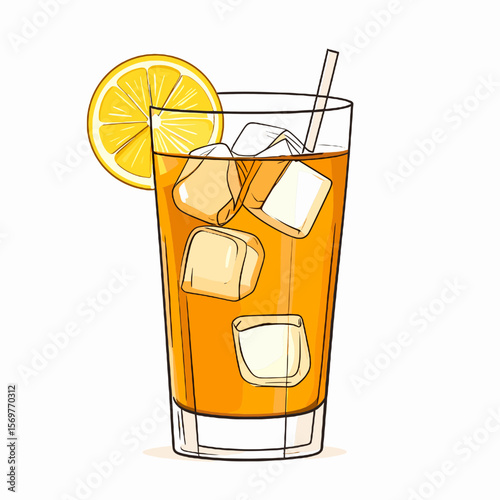Refreshing Iced Tea with Lemon Slice in a Glass with Straw and Ice Cubes on White Background