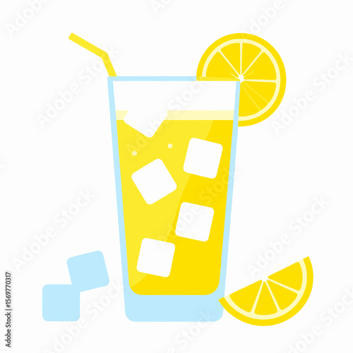 Refreshing Lemonade in Clear Glass with Ice Cubes and a Yellow Straw Isolated on White Background