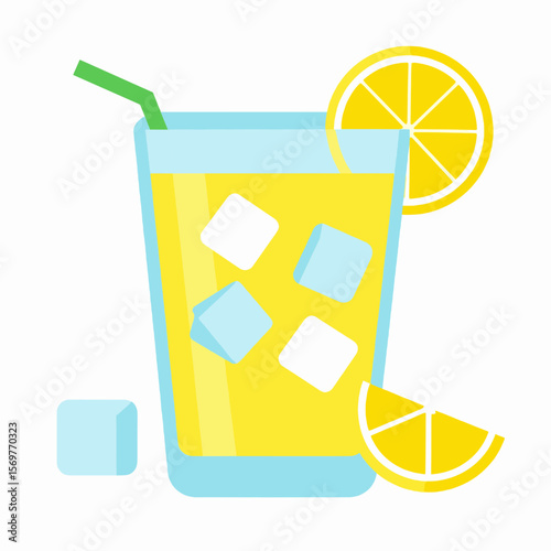 Refreshing Lemonade in a Light Blue Glass with Ice Cubes and a Straw Featuring Lemon Slices on a White Background