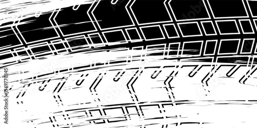 Tire tracks, wheel textures, tire tracks - auto racing, motocross, drift, rally, off-road and more. Isolated black texture vector in grunge style