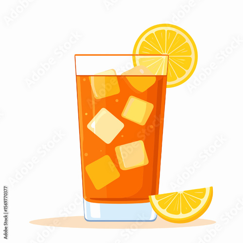 Refreshing Orange Drink with Ice Cubes and Lemon Slices in Transparent Glass Isolated on White Background