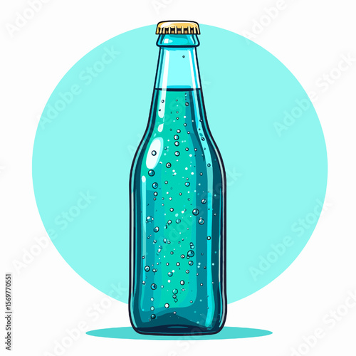 Sparkling Aqua Beverage in a Glass Bottle with a Circular Aqua Background Pixelated Art Design