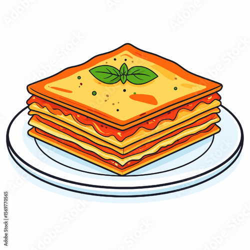 Square Lasagna with Tomato Sauce and Basil on White Plate Tasty Italian Dish