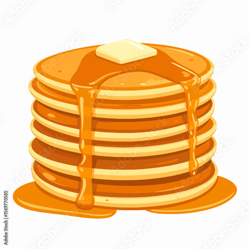 Stack of Golden Pancakes Topped with Syrup and Butter Pixel Art Style Isolated on White Background