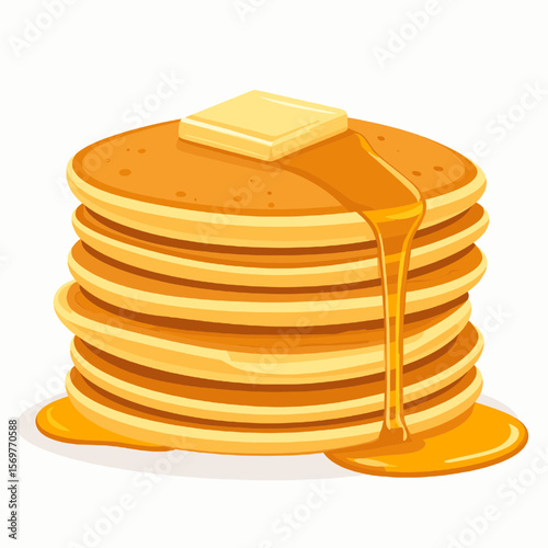 Stack of Golden Brown Pancakes Topped with Butter and Dripping Syrup Isolated on White Background Pixel Art Style