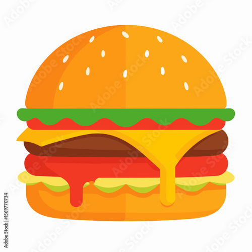 Stylized Burger Vector with Dripping Cheese Tomato Lettuce and Sesame Seed Bun on White Background