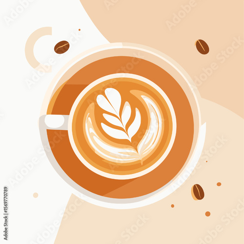 Stylized Latte Art in a Brown Cup on Neutral Background with Coffee Beans