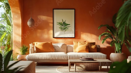 Tropical living room with sunset glow.