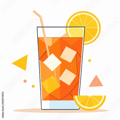 Tall Glass with Orange Cocktail and Ice Cubes Garnished with Citrus and Decorative Shapes on White Background in a Modern Illustration Style