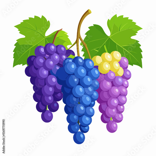 Three Bunches of Different Colored Grapes with Green Leaves on White Background Pixel Art