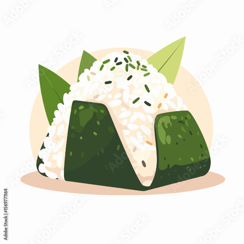 Triangular Onigiri with Seaweed Wrapper and Rice Topping on Beige Background with Green Leaves for Japanese Cuisine Illustration