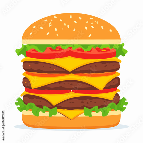 Triple Cheeseburger with Tomato and Lettuce on a Sesame Seed Bun in a Vector Graphic Style Isolated on White Background